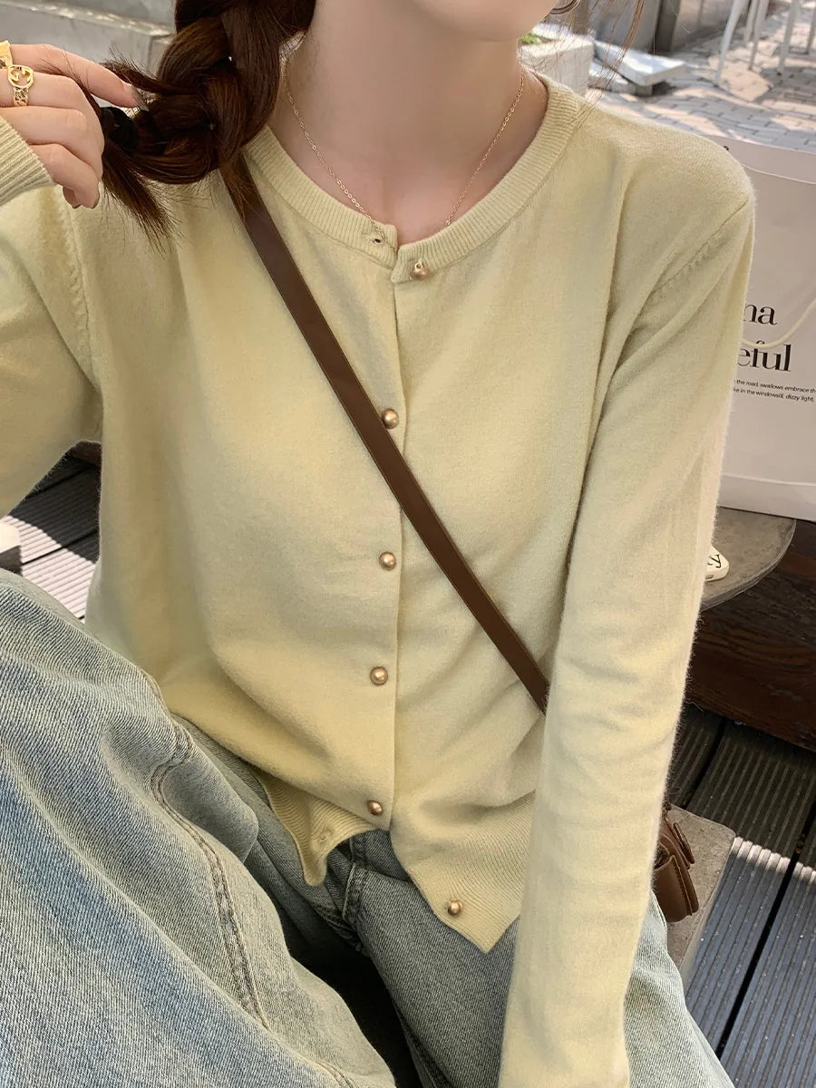 Korean-style Solid Color Cardigan | Knit Round Neck Long Sleeve