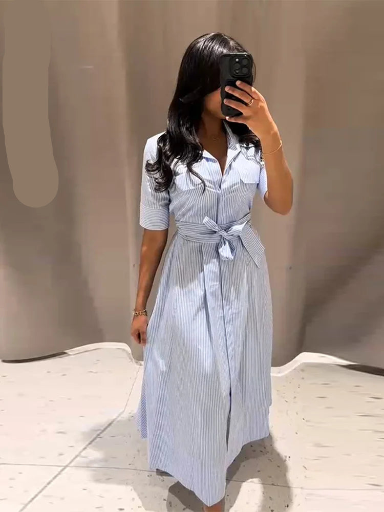 Casual Striped Summer Dress | Lapel Long Dress with Half Sleeves