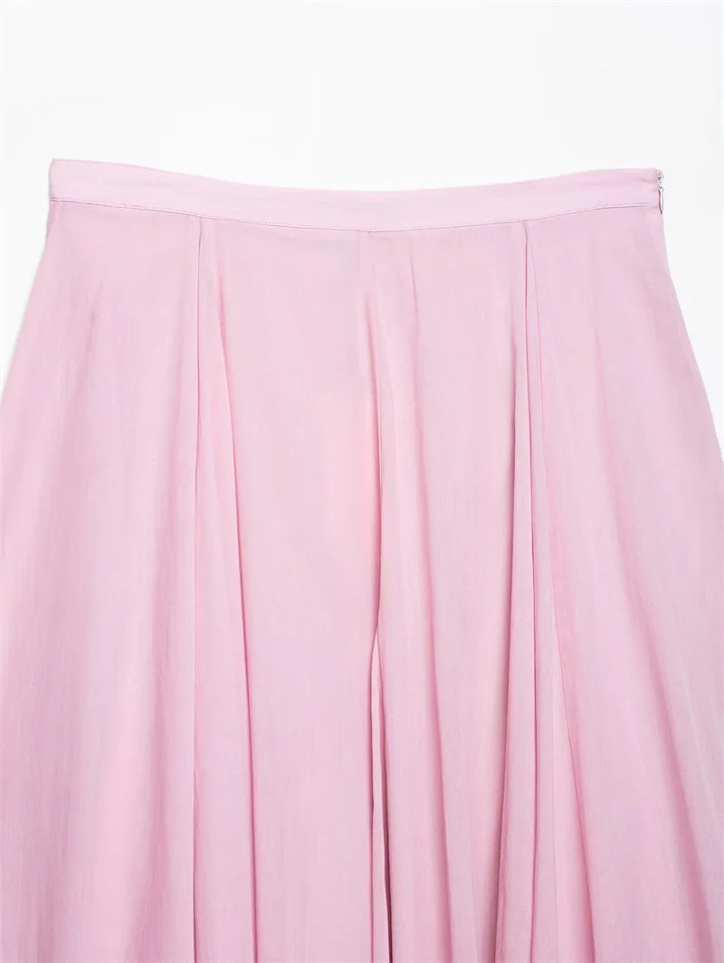 Women’s Pink Pleated Midi Skirt – Casual A-line Slim Fit