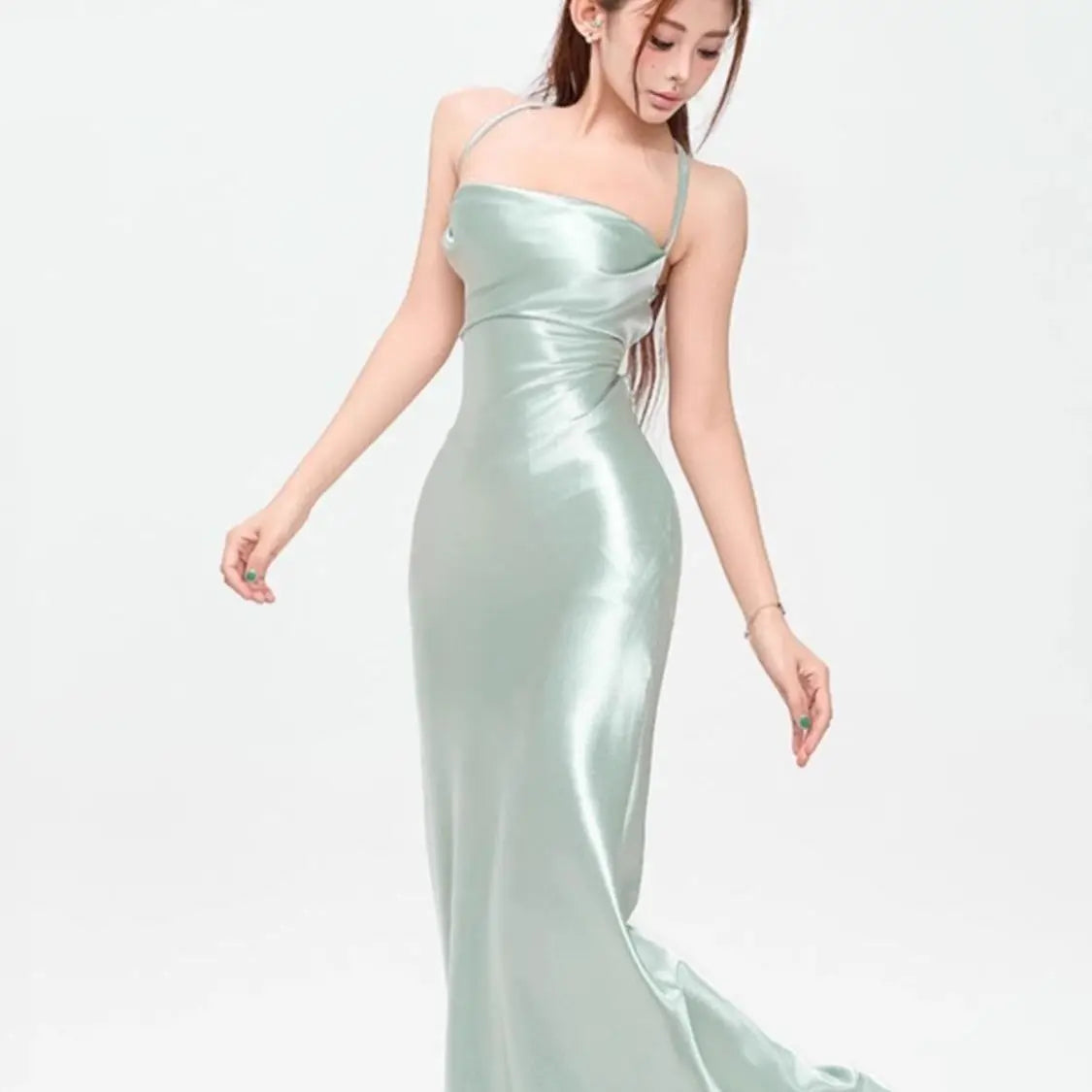 Satin Mint Green Sleeveless Backless Dress – Slim Bandage Hip Wrapped