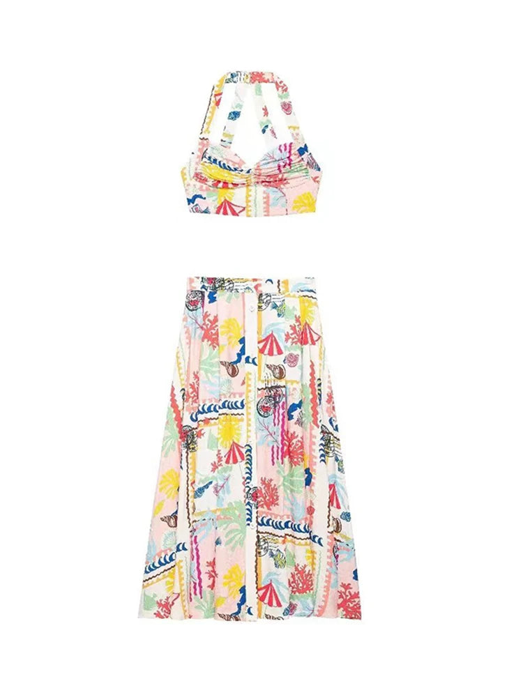 Colorful Printed Suspenders Skirt & Bikini Vest Top Set