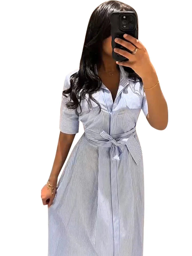 Casual Striped Summer Dress | Lapel Long Dress with Half Sleeves