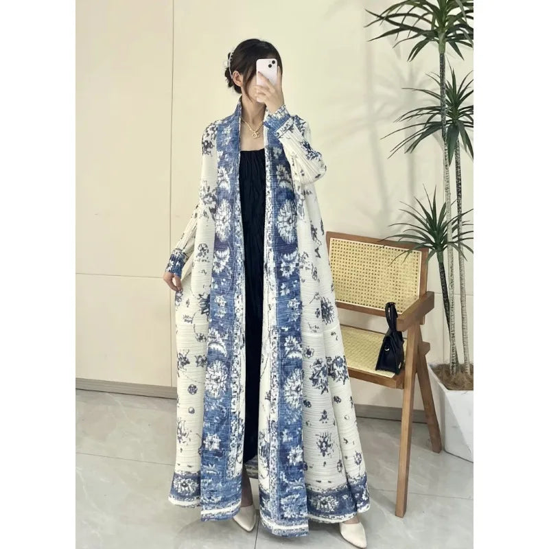 Pleated Long Trench Coat | Elegant Cape-Print Robe Coat