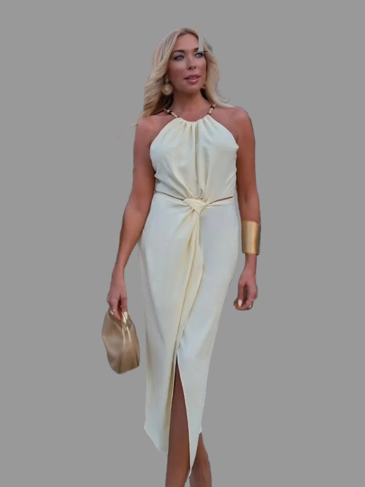 Summer Long Dress – Light Yellow Sleeveless O-Neck Gown