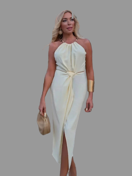 Summer Long Dress – Light Yellow Sleeveless O-Neck Gown