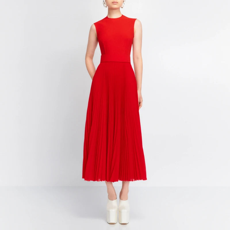 Red Solid Slimming Spliced Fold Dress – Sleeveless Round Neck