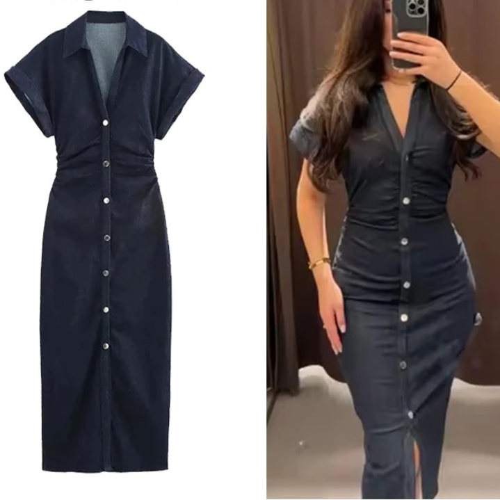 Denim Midi Dress for Women – Casual Ruched Short Sleeve