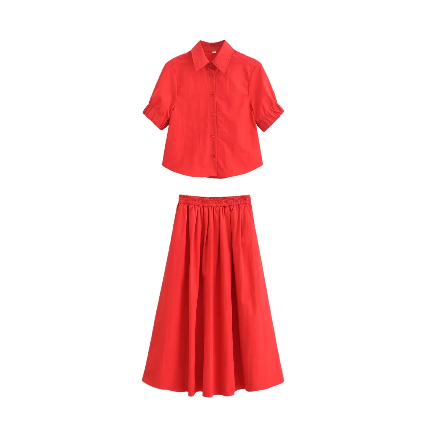 Fluffy Sleeve Shirt & Wide Swing Midi Skirt Set