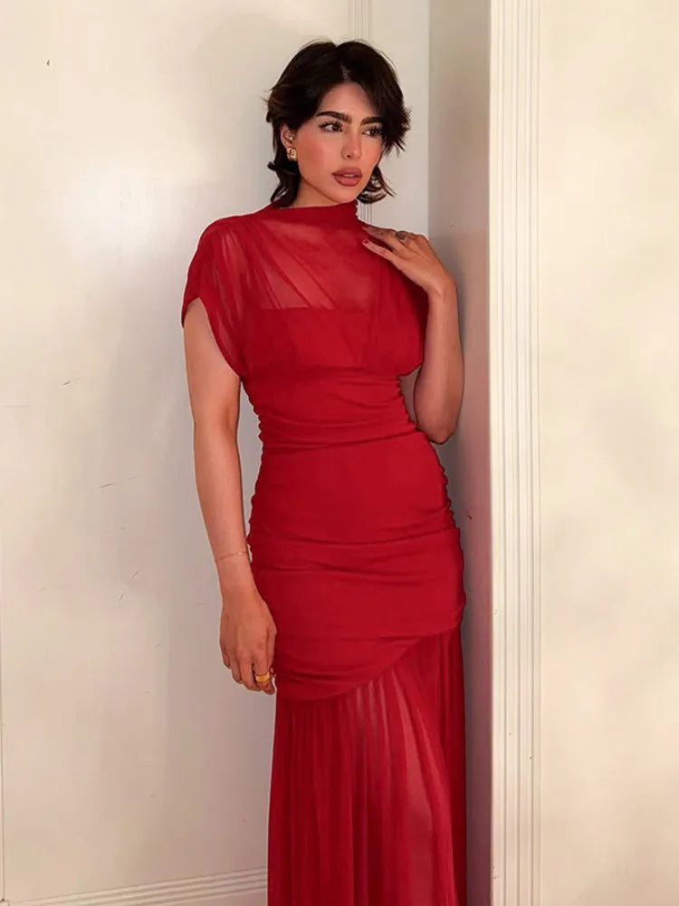 Mesh Maxi Dress | Sexy Short Sleeve High Waist Slim