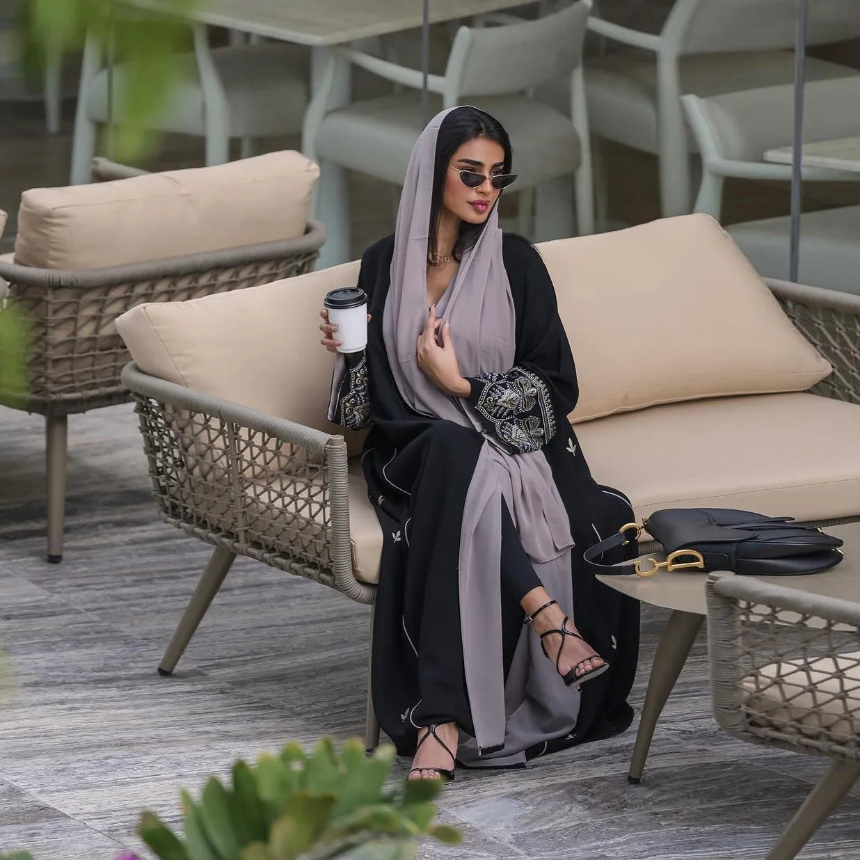Embroidered Patchwork Abaya – Elegant Open Cardigan Dress