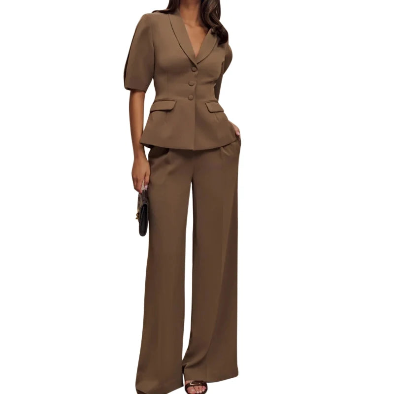 Women’s Casual Blazer Pants Set – Half Sleeve Suit with Wide Leg Pants