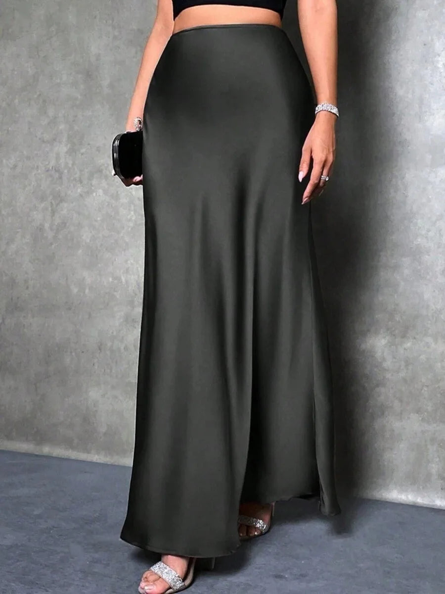 Elegant Satin High Waisted Maxi Skirt | A Line Long Skirts