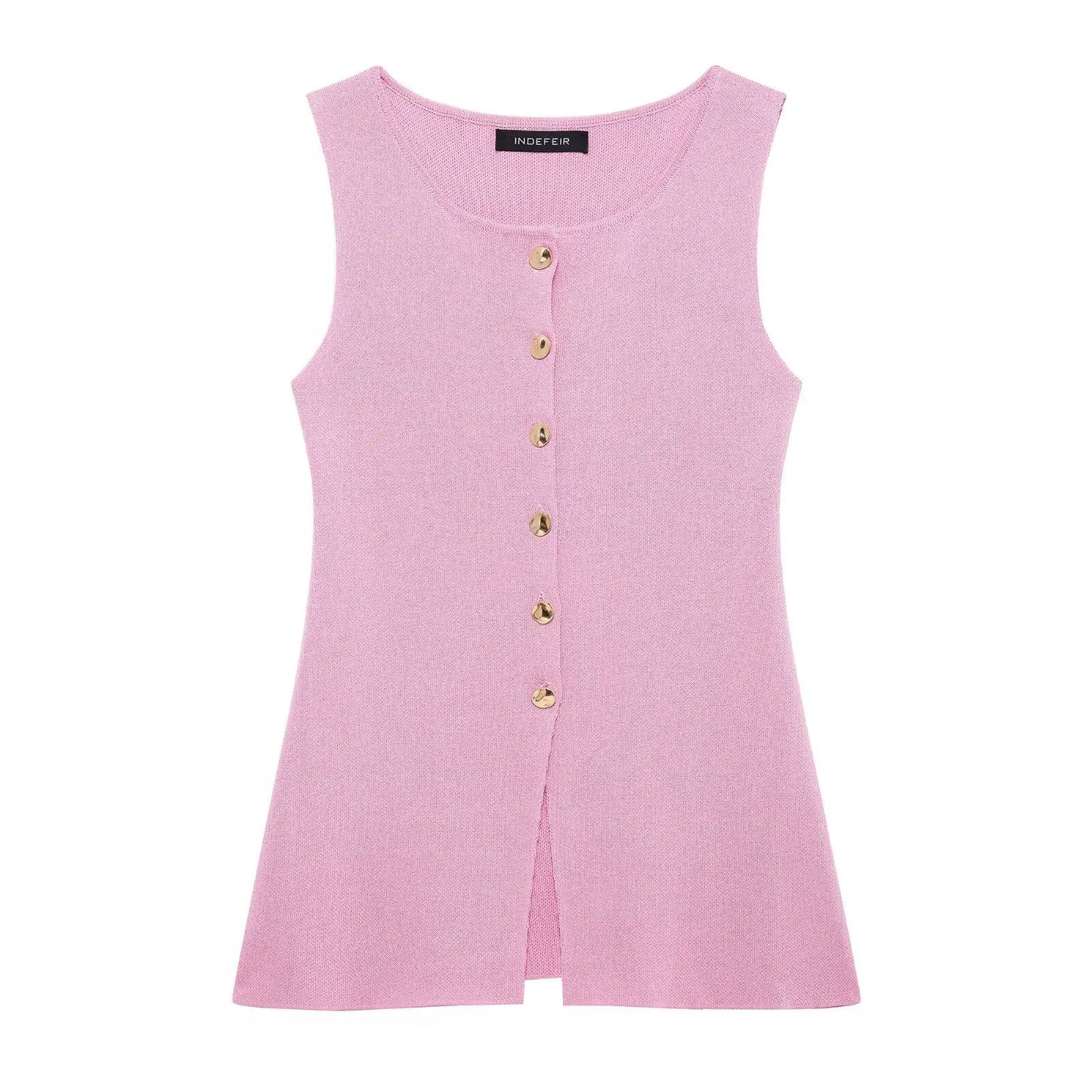 سترة نسائية محبوكة | توب صيفي بدون أكمام برقبة دائرية مع أزرار