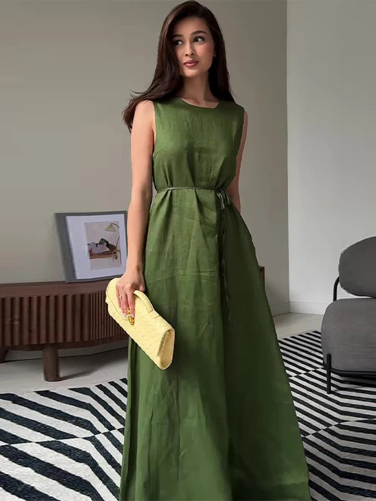 Yellow Lace-Up A-Line Dress – Women’s Sleeveless High Waist Long