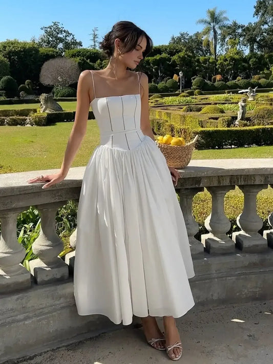 Elegant White Corset Detail Spaghetti Strap Dress