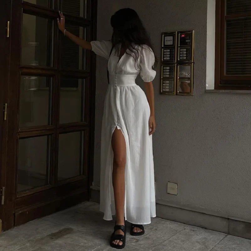 French Puff Sleeve Strapless Chic Long Dress with High Split