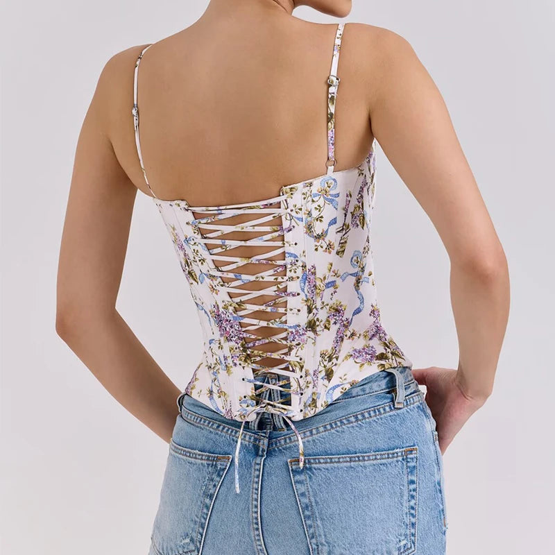 Floral Print Camisole – Lace Spliced Bandage Back Slim Fit Crop Top