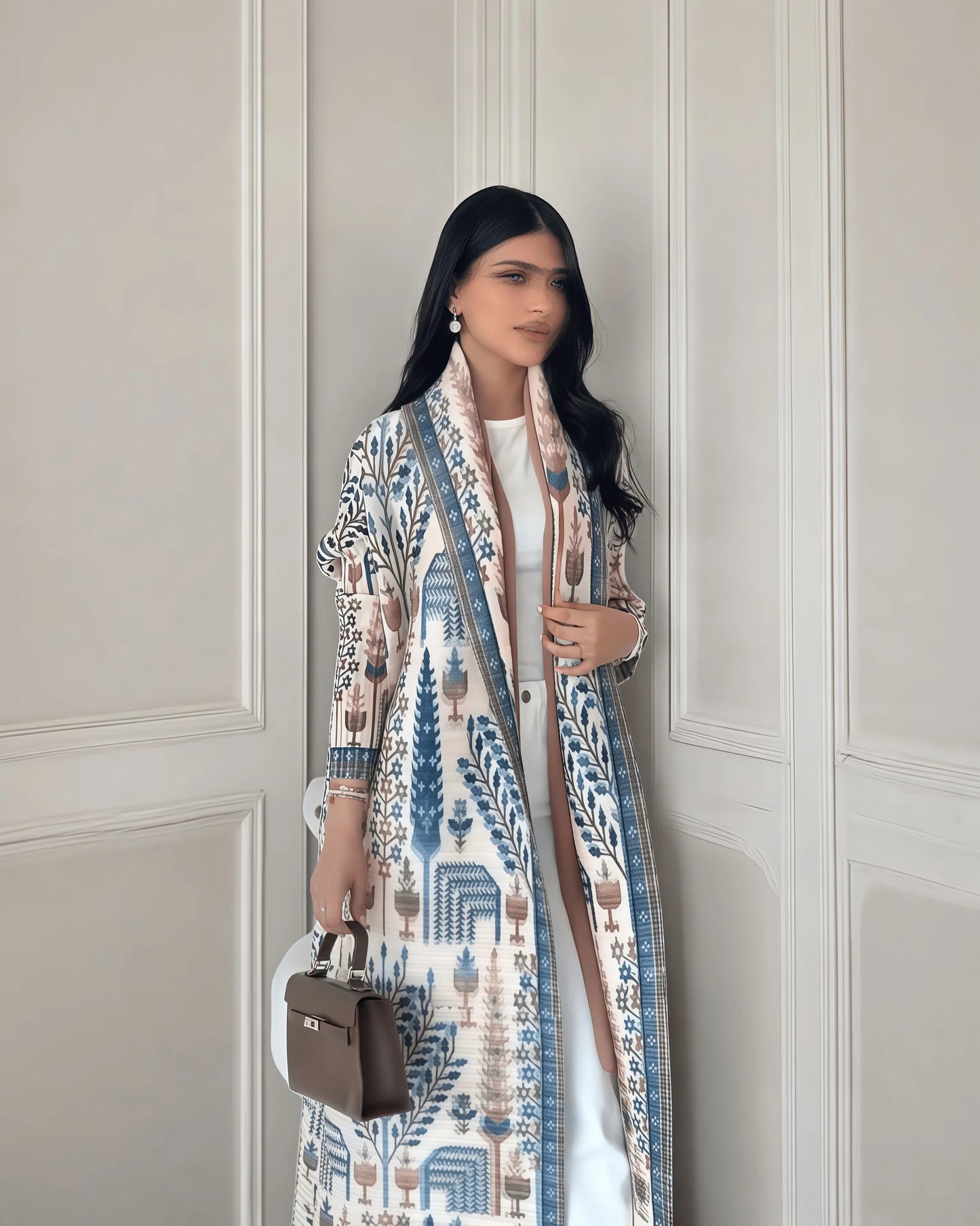 Women’s Long Coat | Printed Muslim Abaya with Waist Belt