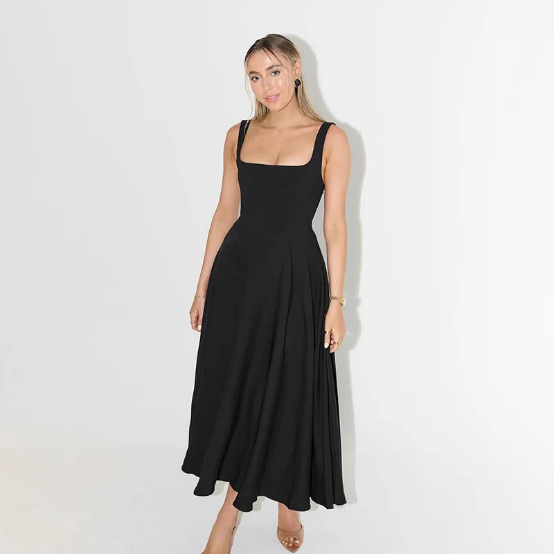 Solid Long Dress – Square Neck Sleeveless Suspender