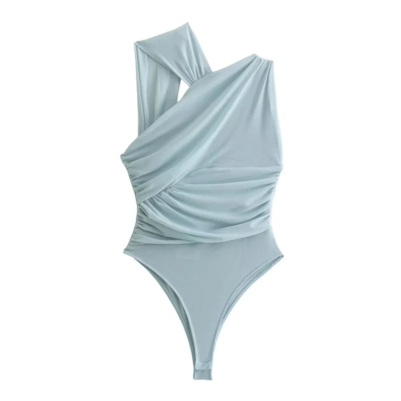 Light blue one-shoulder swimsuit on a white background