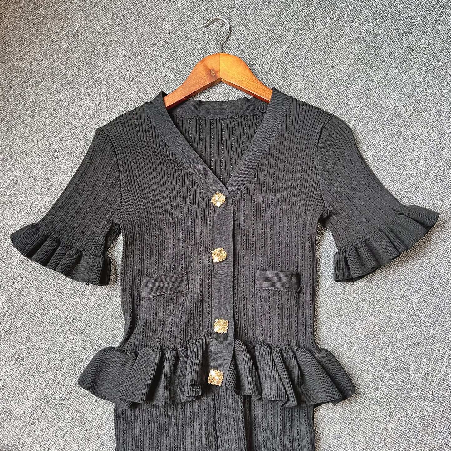 Knitted Maxi Dress Women Elegant V-neck Ruffled Slim Waist