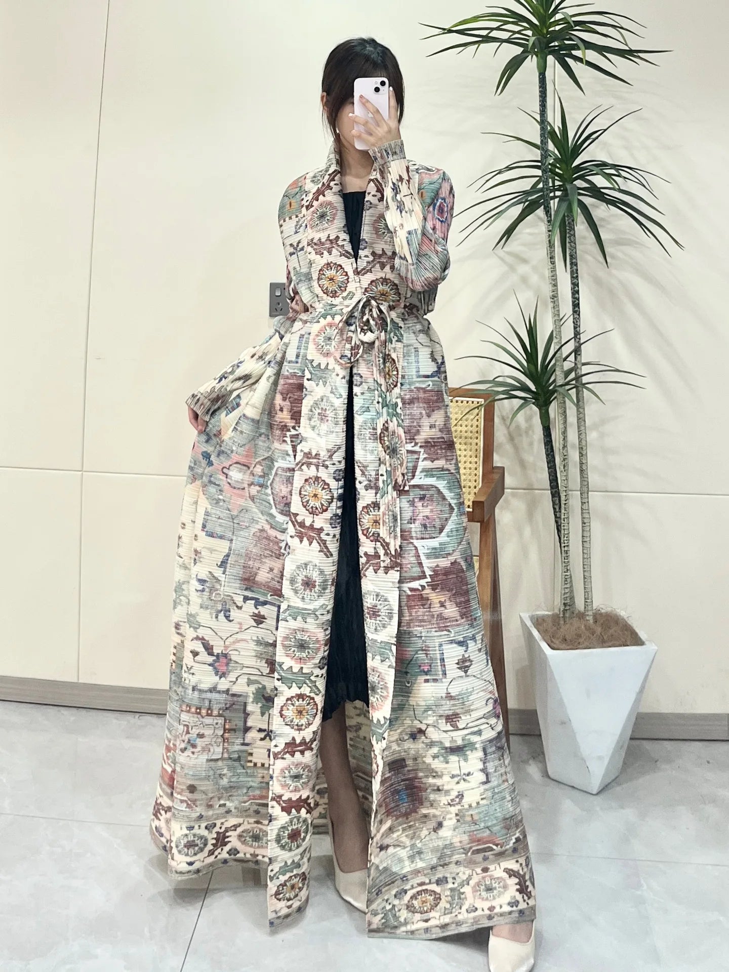 Printed Pleated Coat with Belt | Loose Long Contrast Color Coat
