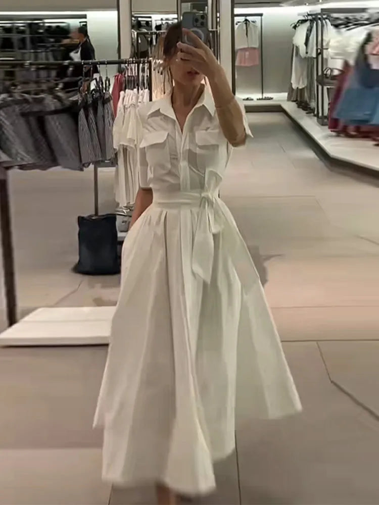Casual Shirt Dress Women Lapel Pocket Short Sleeve Slim