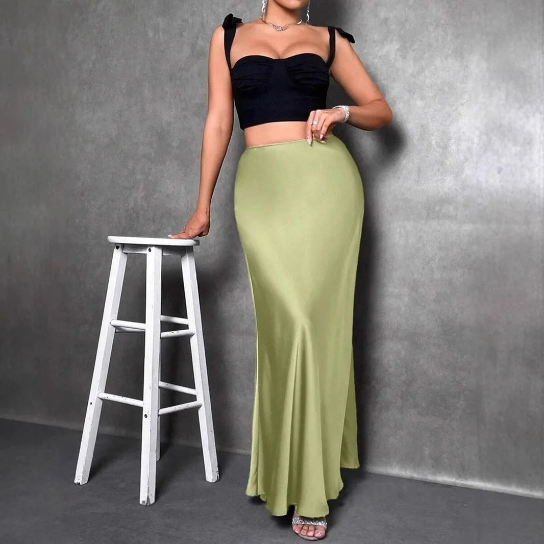 Elegant Satin High Waisted Maxi Skirt | A Line Long Skirts