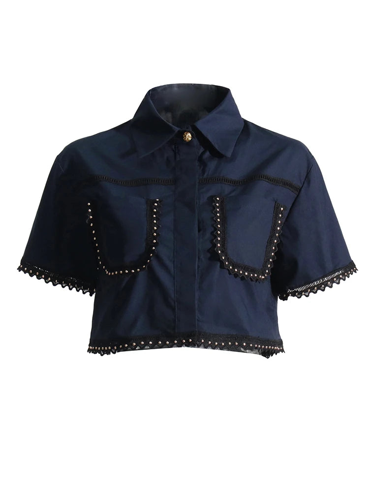 Lapel Short Sleeve Top & High Waist A-Line Skirt Set