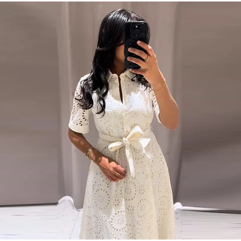 Casual Striped Summer Dress | Lapel Long Dress with Half Sleeves