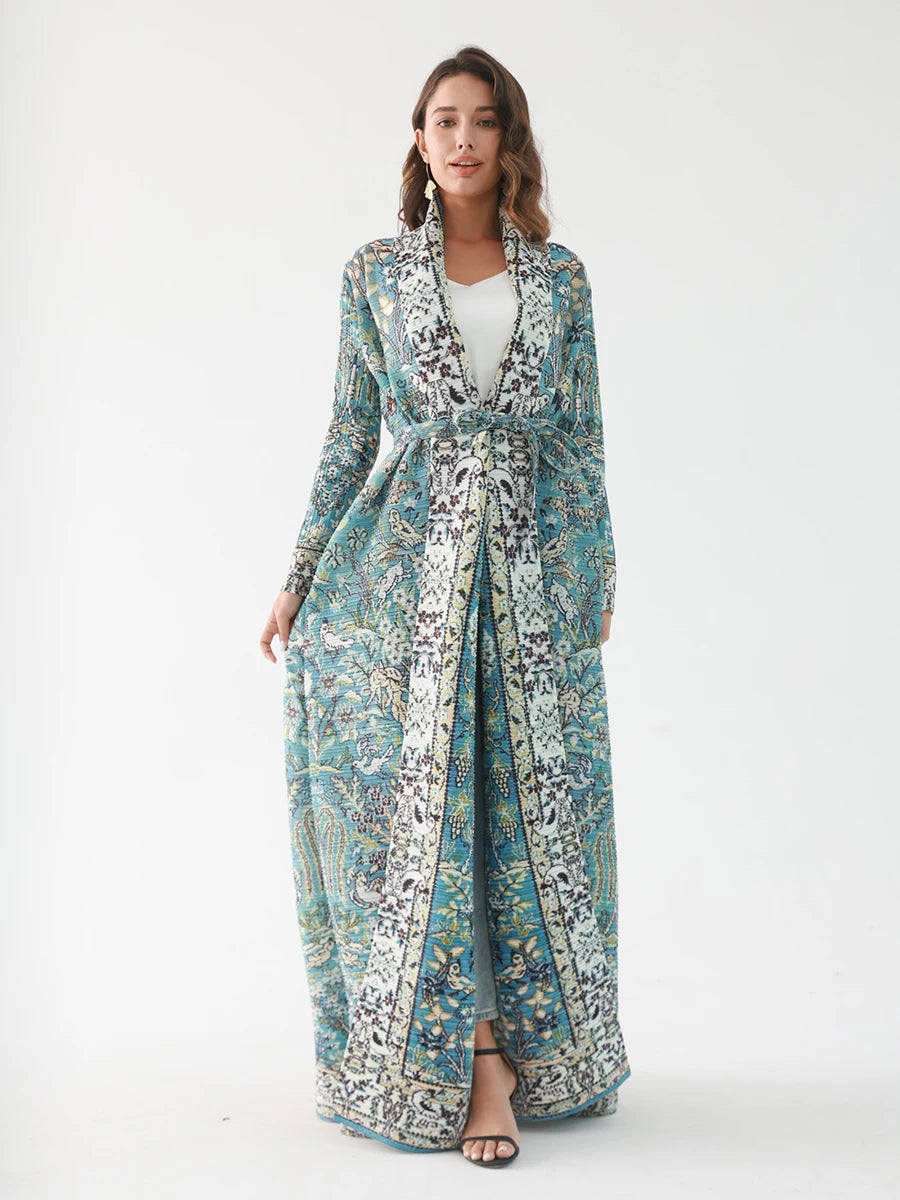 Pleated Plus-Size Coat with Turn-Down Collar | Long Cardigan Dress