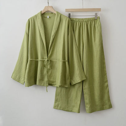 2025 Summer Women Linen Kimono Blouse Pants sets