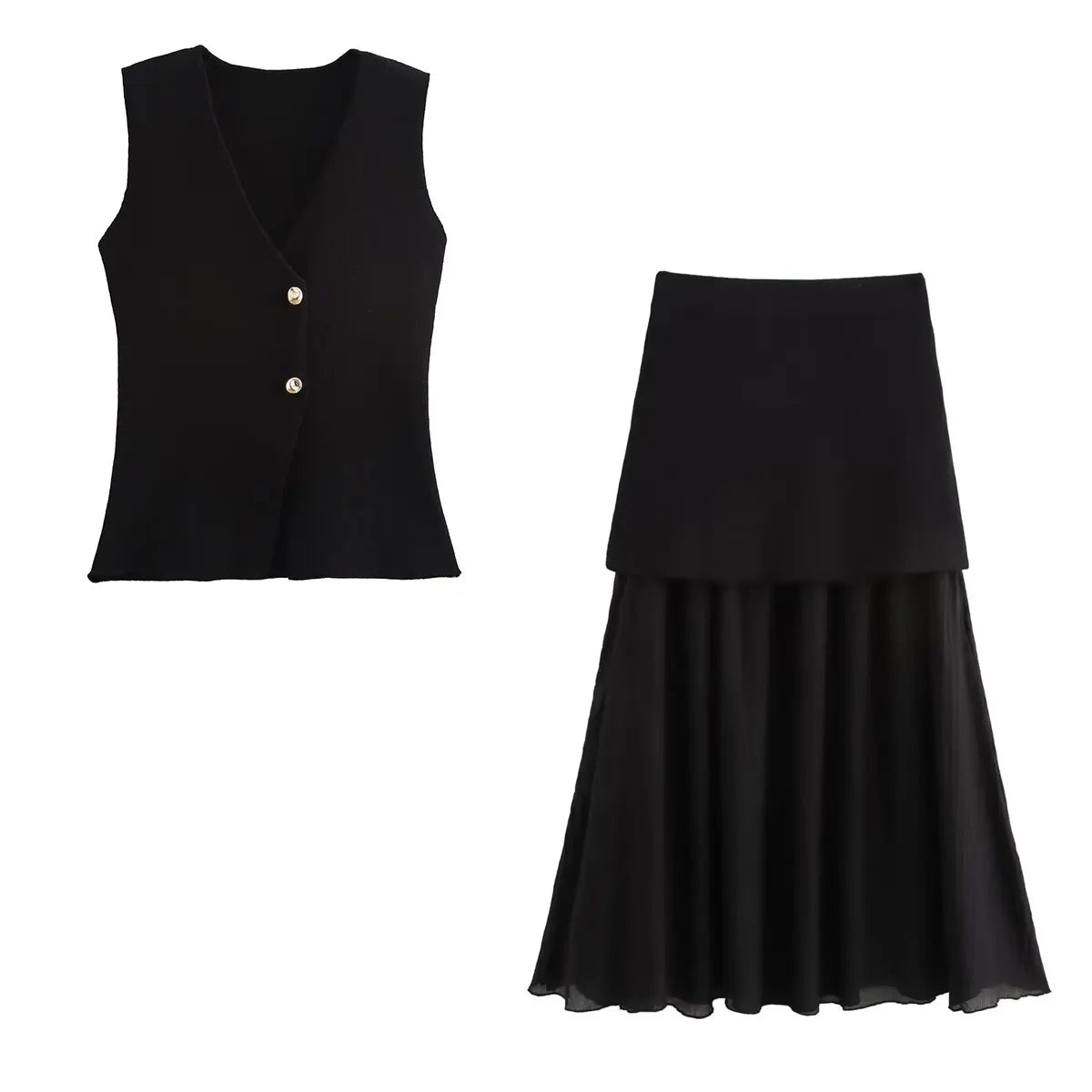 Wine Red Knitted Skirt Set – V-Neck Sleeveless  Vest + High Waist Long Skirt