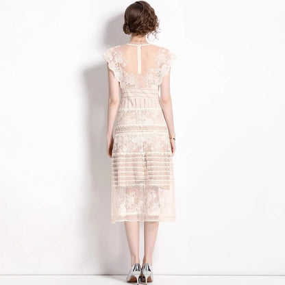 2025 Autumn Fashion Embroidery Flower Dress Vintage Runway Women O Neck Short Sleeve Mesh Dot Bodycon Slim Party Midi Vestidos