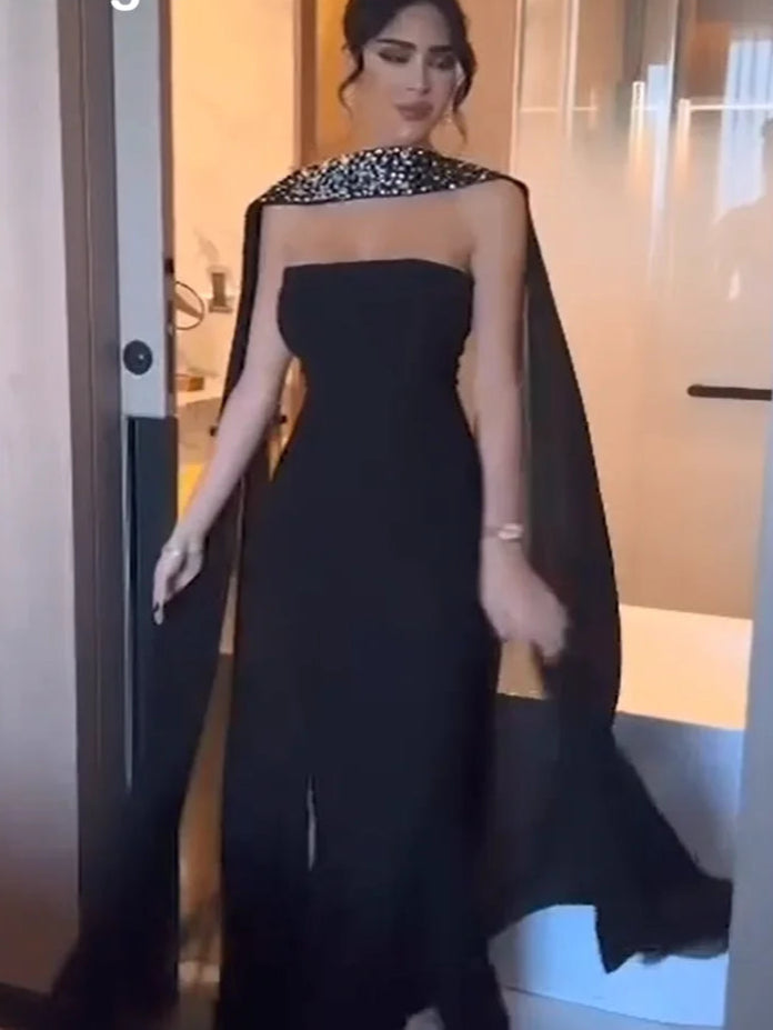 Luxury Strapless Column Prom Dress with Beadings & Elegant Long Sleeves