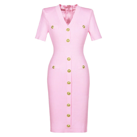 2025 Spring/Summer New Fashion Knitted Elastic Short Sleeve Solid Color Gold Button Slimming Style Commuter Women's Dress