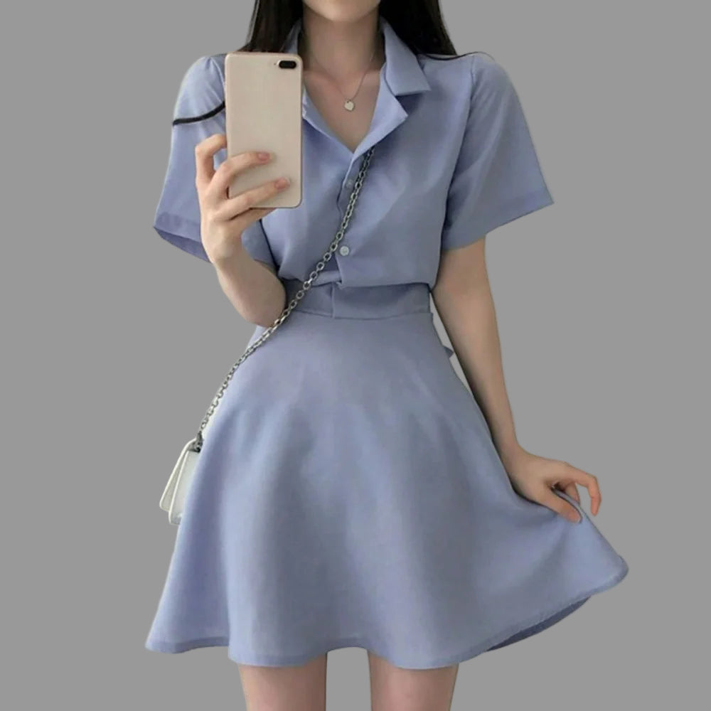 Pullover Solid Color Short Sleeve Dress | Casual Button Skirt Dress