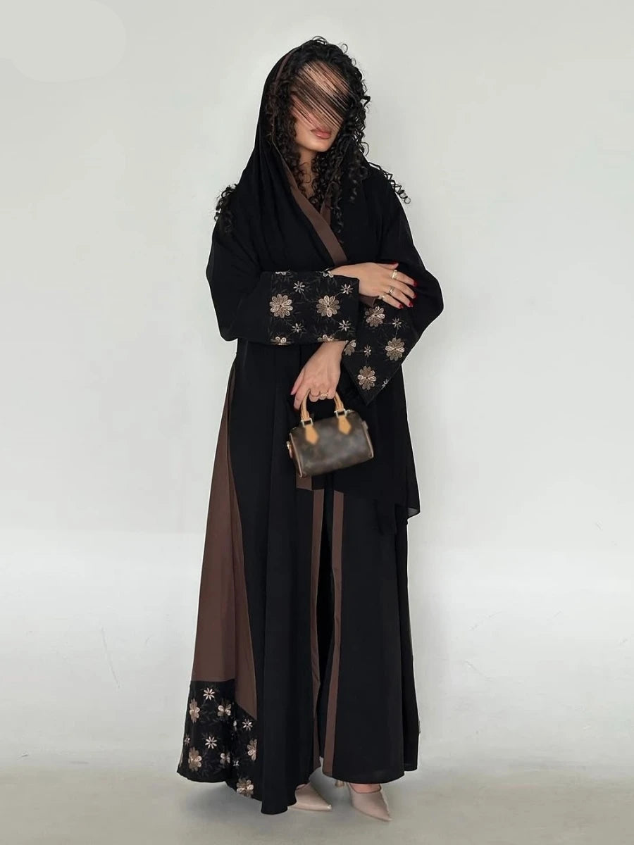 Embroidered Open Abaya | Elegant Patchwork Loose Kaftan