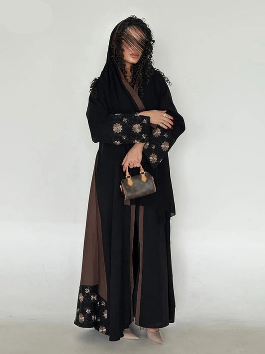 Embroidered Open Abaya | Elegant Patchwork Loose Kaftan