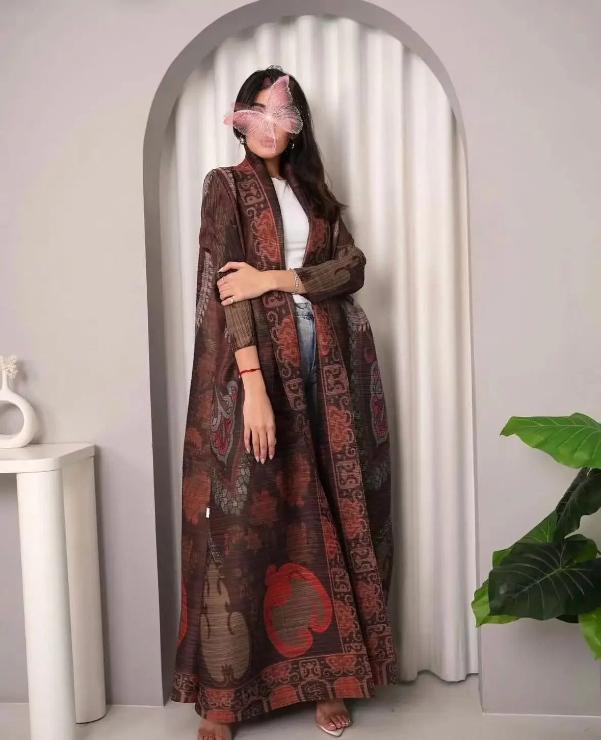 Pleated Long Trench Coat | Elegant Cape-Print Robe Coat