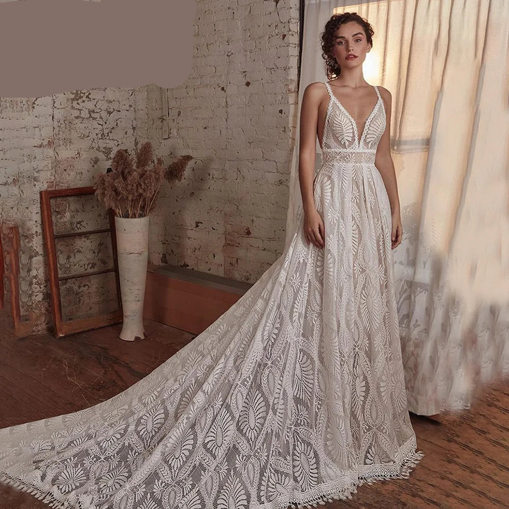 Customized Lace Wedding Dress | A-Line Bridal Gown with Sweep Train