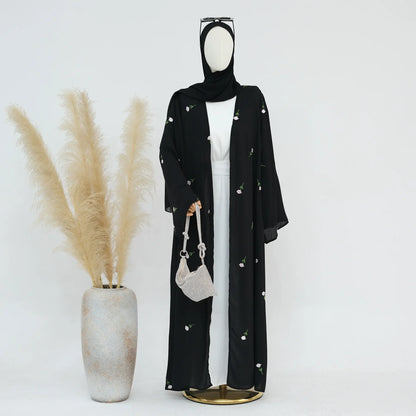 2024 Flower Embroidery Muslim Modest Cardigan for Women Eid Dubai Kimono Aabaya Dress Luxury Islam Saudi Turkey Plain Clothing