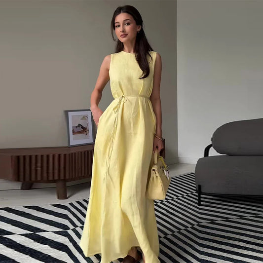 Yellow Lace-Up A-Line Dress – Women’s Sleeveless High Waist Long
