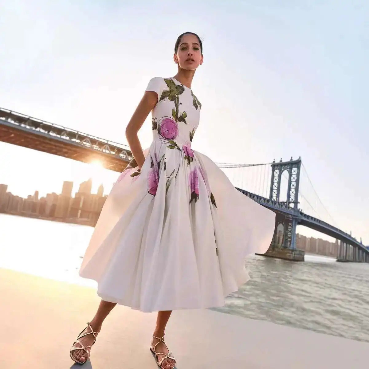 Elegant Floral White Satin Dress | A-Line Pleated Midi Dress