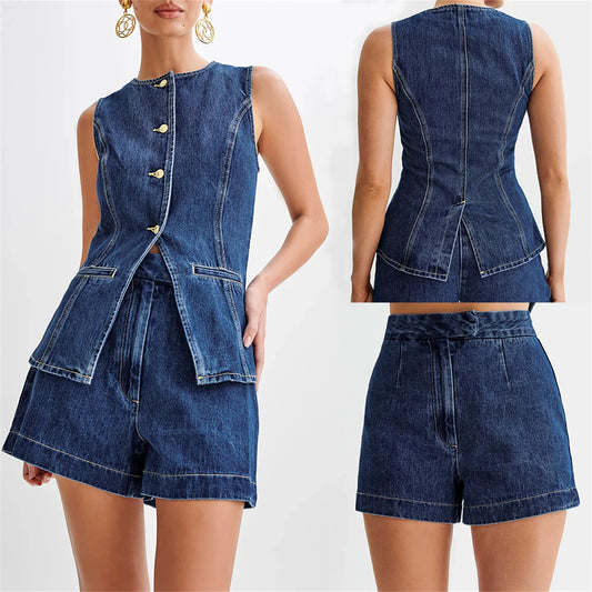 Sleeveless O-Neck Vest Top & High Waist Wide Leg Shorts Set