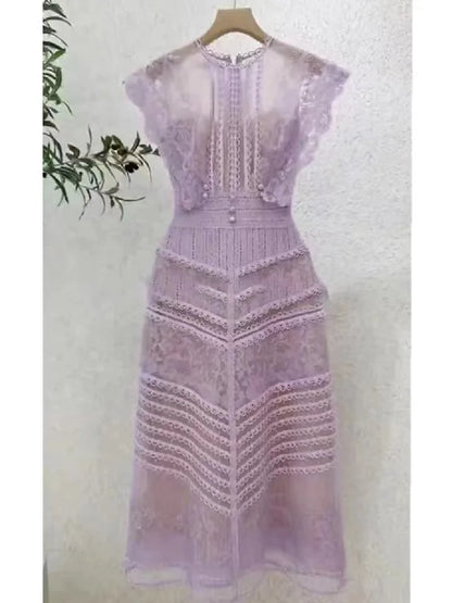 2025 Autumn Fashion Embroidery Flower Dress Vintage Runway Women O Neck Short Sleeve Mesh Dot Bodycon Slim Party Midi Vestidos