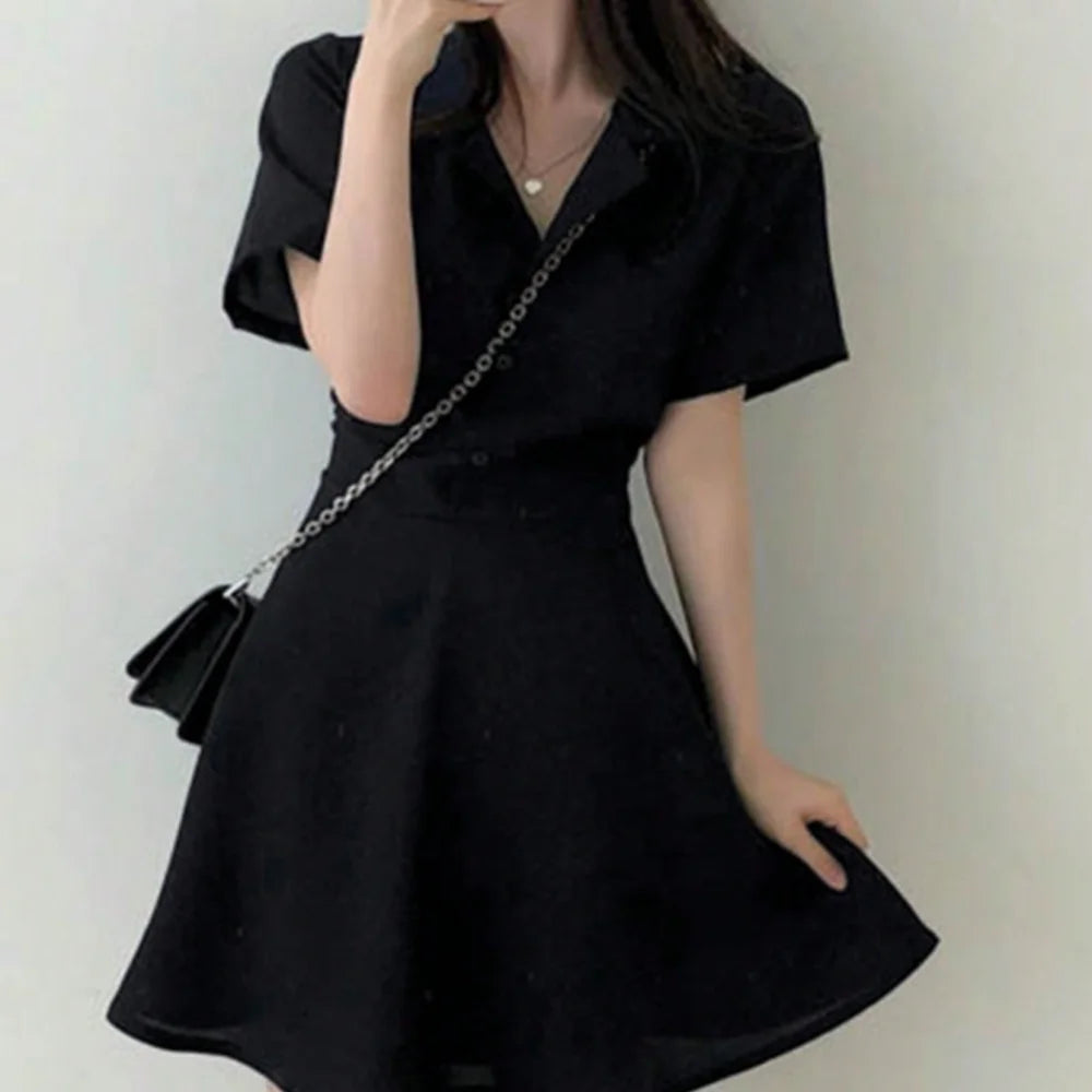 Pullover Solid Color Short Sleeve Dress | Casual Button Skirt Dress
