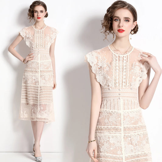 2025 Autumn Fashion Embroidery Flower Dress Vintage Runway Women O Neck Short Sleeve Mesh Dot Bodycon Slim Party Midi Vestidos