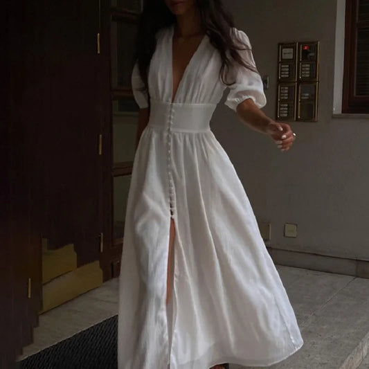 French Puff Sleeve Strapless Chic Long Dress with High Split