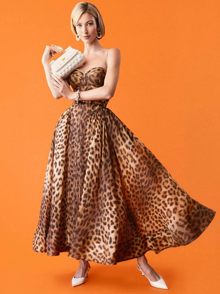 Leopard Print Long Bodycon Dress – Spaghetti Strap Crystal Beaded